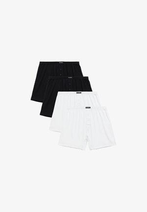 Zestaw bokserek w czerni i bieli. Posiada elastyczny pas, zapięcie na guziki oraz gładką bawełnianą fakturę. Wyświetlono cztery pary szortów.