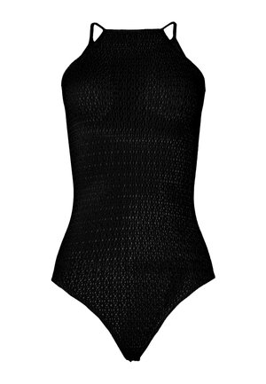 Costume intero nero a collo alto con texture, spalline sottili e taglio a gamba a scozia.