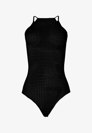 Costume intero nero a collo alto con texture, spalline sottili e taglio a gamba a scozia.