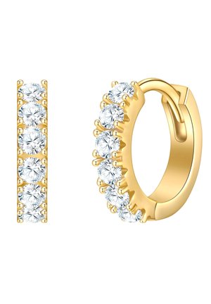 Goldene Creolenohrringe mit einer Reihe von acht klaren, rundgeschnittenen synthetischen Steinen, die in Krappen gefasst sind und eine polierte Oberfläche sowie ein glattes Design aufweisen.