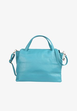 Turkooizen leren handtas met twee handvatten, afneembare schouderriem, gladde textuur en hardwareaccenten in goudkleur.