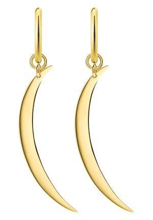 Boucles d'oreilles pendantes en forme de croissant de lune, couleur or, avec une finition lisse et polie, suspendues à de petits anneaux en or.