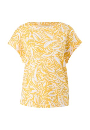 Yellow and white short-sleeve blouse with abstract wavy print and a round neckline, displayed on a plain white background.