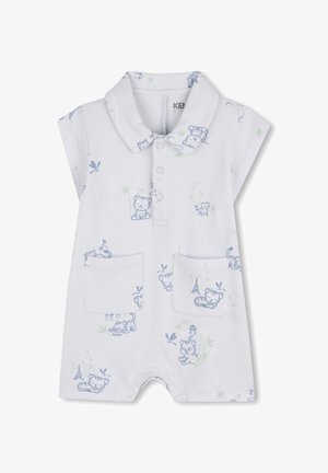 Combinaison blanche à manches courtes avec imprimés d'animaux bleus, deux poches avant, col et fermeture à pression au bas. Fabriquée en tissu doux.