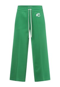 Pantaloni sportivi verdi con una vestibilità rilassata, realizzati in tessuto morbido. Presentano un elastico in vita con cordino e un logo bianco sulla coscia sinistra.
