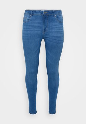 Smal passform blå denim jeans med frontknapp og glidelås, fem lommer og lett falming på lårene.