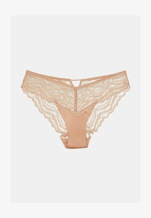 Beige lace and satin bikini panties with scalloped edges and a small keyhole detail at the front center waistband.