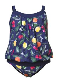 Baddräktset med marin bakgrund som har ett färgglatt fruktmönster. Inkluderar en fladdrande tankini-topp och matchande bikiniunderdel.
