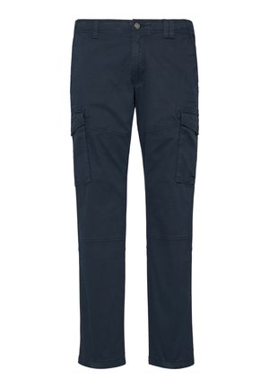 Granatowe spodnie cargo wykonane z mieszanki bawełny, z wieloma bocznymi kieszeniami, prostymi nogawkami oraz zapięciem na guzik w pasie.