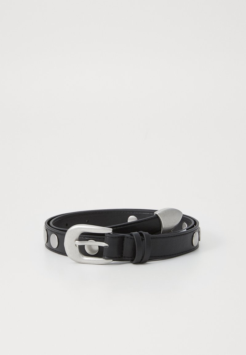 Black leather belt with silver hardware and circular stud accents. Features a rounded buckle and a textured finish.