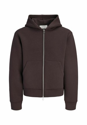 Sweat à capuche marron foncé zippé avec poches avant et capuche, présenté sur fond blanc.