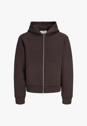 Sweat à capuche marron foncé zippé avec poches avant et capuche, présenté sur fond blanc.
