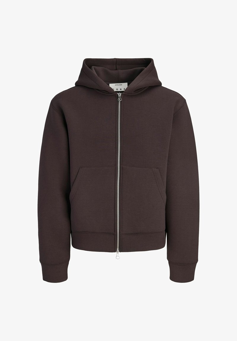 Sweat à capuche marron foncé zippé avec poches avant et capuche, présenté sur fond blanc.