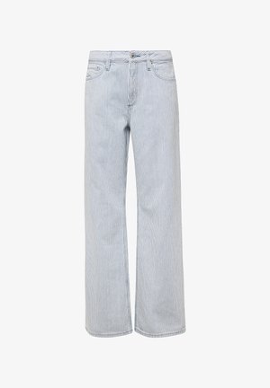 Hlače širokih nogavic v svetlo modri in belih navpičnih črtah, narejene iz bombažnega materiala. Imajo pet žepov, pasne zanke in gumbasto zapiranje.