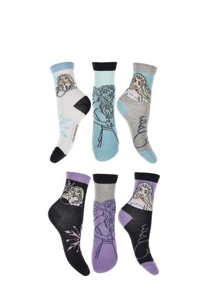 Set aus sechs Knöchelsocken mit Cartoon-Figuren. Materialien bestehen aus Baumwollmischung. Farben umfassen Weiß, Hellblau, Grau und Lila mit verschiedenen Designs.
