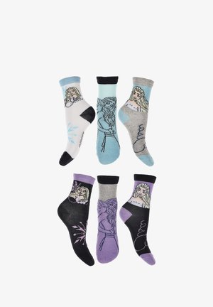 Zestaw sześciu skarpetek ankle z postaciami z kreskówek. Materiał to mieszanka bawełny. Kolory obejmują biały, jasnoniebieski, szary i fioletowy z różnymi wzorami.