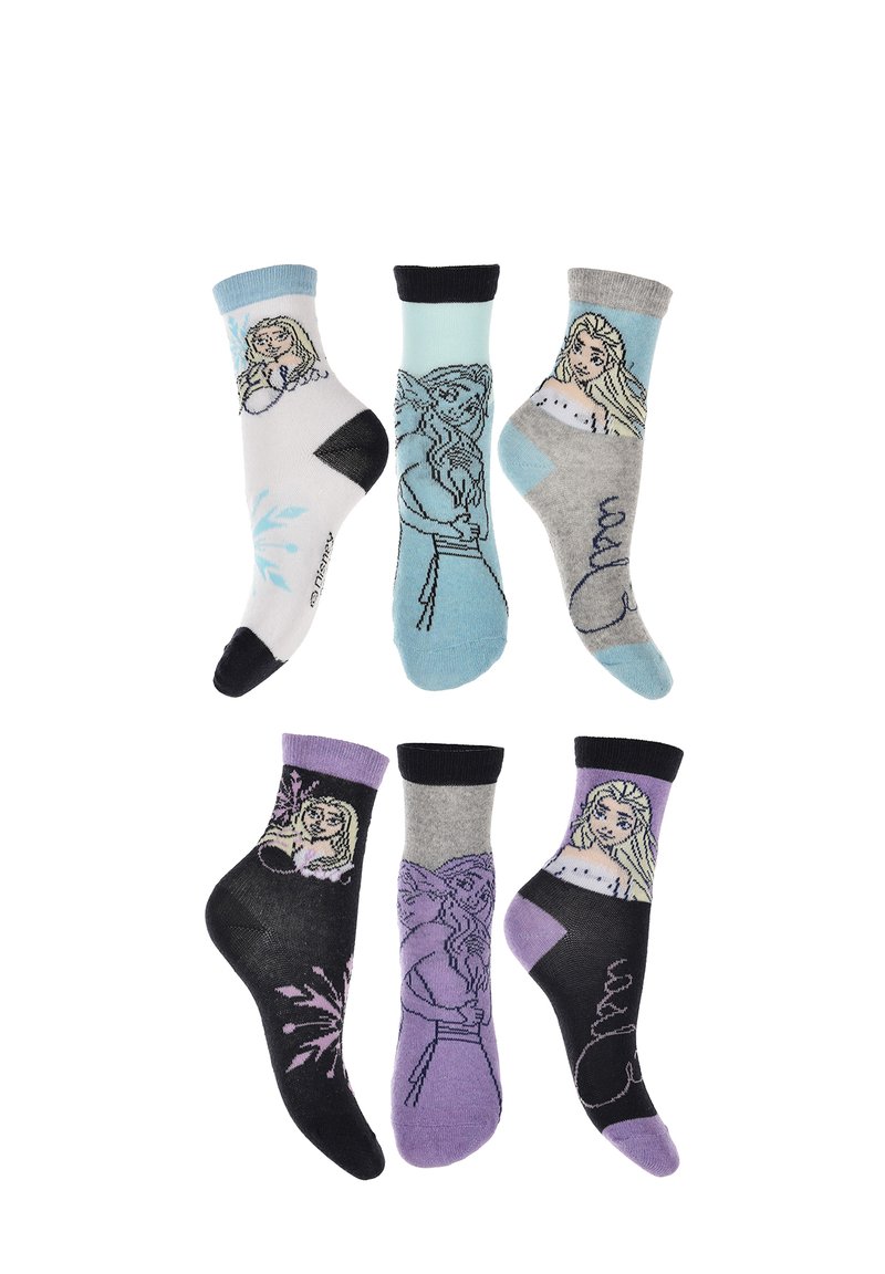 Set di sei paia di calzini alla caviglia con personaggi dei cartoni animati. I materiali includono una miscela di cotone. I colori includono bianco, azzurro chiaro, grigio e viola, con vari design.