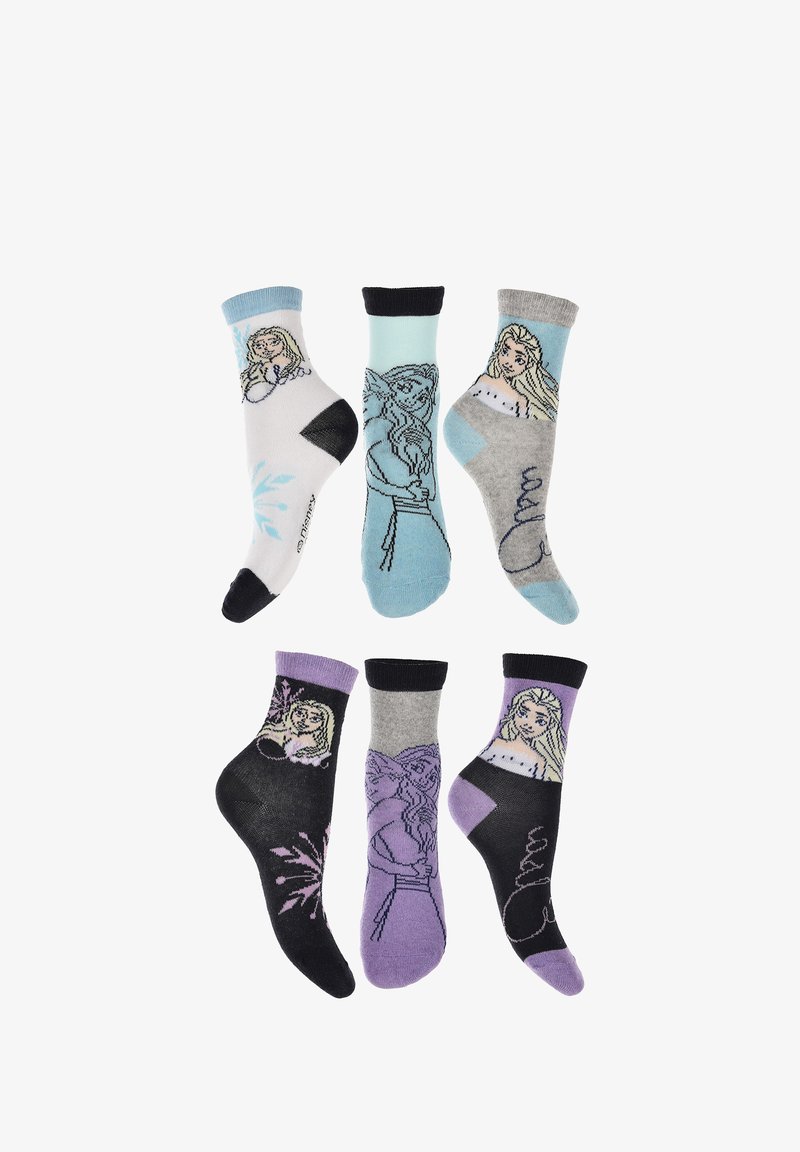 Conjunto de seis calcetines tobilleros con personajes de dibujos animados. Los materiales incluyen una mezcla de algodón. Los colores incluyen blanco, azul claro, gris y púrpura con varios diseños.