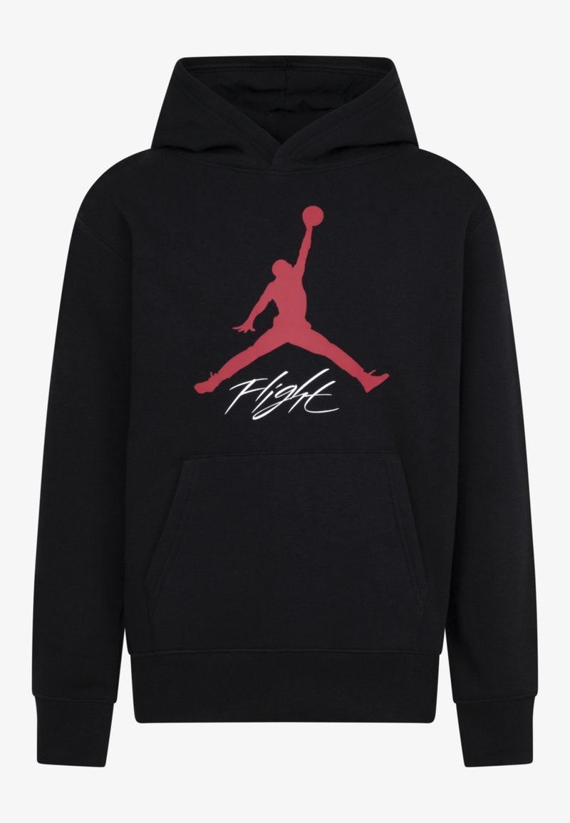 Sweat à capuche noir avec une silhouette rouge d'un joueur de basketball sautant, tenant un ballon au-dessus de sa tête, avec le mot « Flight » sous la figure.