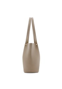 Sac fourre-tout en cuir beige avec une surface texturée, deux longues poignées, et sécurisé par du matériel doré, présentant un fond arrondi.