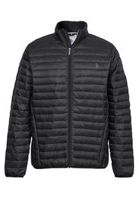 Schwarze Daunenjacke mit horizontaler Steppung, einem hohen Kragen und einem Reißverschluss an der Vorderseite. Leicht und mit einer glatten, glänzenden Textur.
