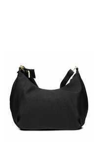 Borsa nera con texture, dalla forma arrotondata, dotata di accessori dorati e di una singola tracolla regolabile. Chiusura a zip lungo la parte superiore.