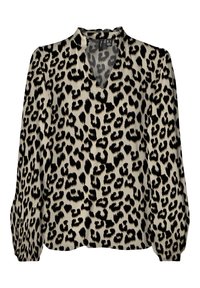 Leopardmönstrad blus i krämfärg med svarta fläckar, med v-ringning, långa ärmar och ett mjukt, texturerat tyg.