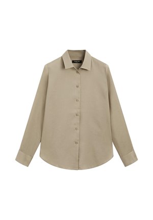 Chemise beige boutonnée avec un col classique, des manches longues et un ourlet arrondi. Fabriquée dans un tissu lisse sans motifs ni textures visibles.