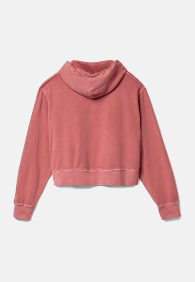 Klippt rosa hoodie gjord av mjukt tyg, med dragsko i huven, långa ärmar, ribbade muddar och en sydd nederkant.