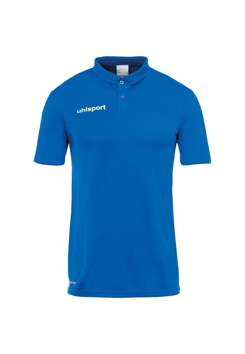 Blå polo t-shirt lavet af glat stof, med klassisk krave, korte ærmer, to-knaps placket og hvidt "uhlsport" logo på fronten.