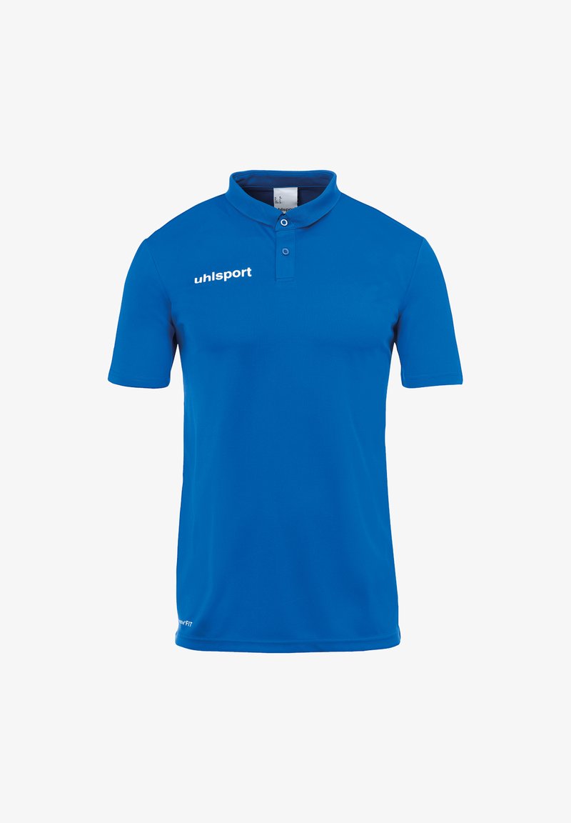Blå polo t-shirt lavet af glat stof, med klassisk krave, korte ærmer, to-knaps placket og hvidt "uhlsport" logo på fronten.