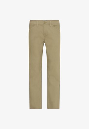 Beige cotton twill pants with straight legs, front pockets, and a single button closure. Smooth texture and minimal stitching details.