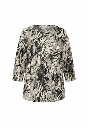 Črno-krem majica z vzorcem lista, 3/4 rokavi, okrogla ovratnika in udobnim krojem, izdelana iz lahkega, zračnega materiala.