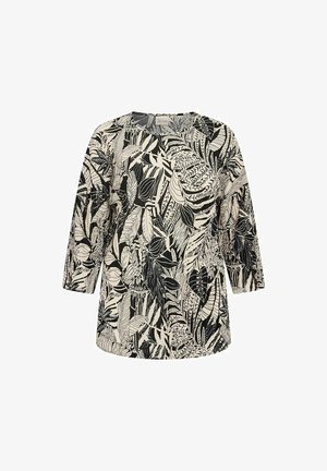 Black and white blouse with 3/4 sleeves, featuring a leaf pattern, round neckline, and a loose fit for comfort. Lightweight fabric.