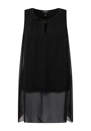 Czarny bezrękawnik z przeźroczystym overlayem, z ozdobnym dekoltem i detalem w kształcie klucza z przodu. Gładka tekstura.