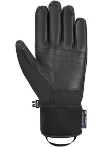 Schwarze Lederhandschuhe mit gepolstertem, schwarzem Stoffbund, fünf Fingern, strukturiertem Handflächenbereich und verstellbarem Handgelenkband für einen sicheren Sitz.