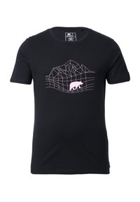 Camiseta de algodón negra con un diseño geométrico de un oso rosa y montañas en la parte delantera, mangas cortas y cuello redondo.