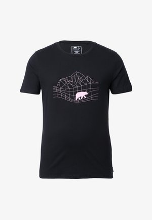 T-shirt nera in cotone con un design geometrico di un orso rosa e montagne sulla parte frontale, maniche corte e colletto rotondo.