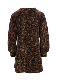 Bruine jurk met luipaardprint, lange pofmouwen, ronde hals en een gerimpelde zoom. Gemaakt van zachte stof met een gladde textuur.