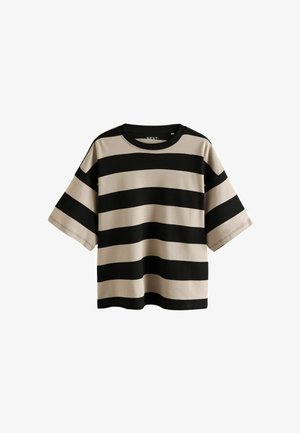 Tricou din bumbac cu dungi negre și bej, cu mâneci scurte și guler rotund, având dungi orizontale îndrăznețe și o croială lejeră.