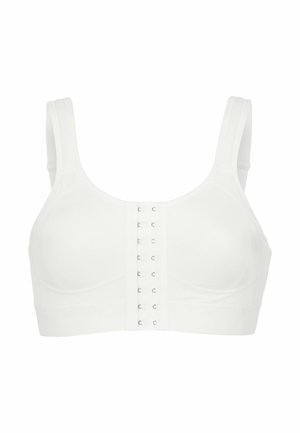 Vit bh med mjuka kupor, justerbara band och en framknäppning med hak-och-öga. Slät tygkvalitet och minimalistisk design utan mönster.