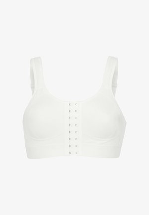Vit bh med mjuka kupor, justerbara band och en framknäppning med hak-och-öga. Slät tygkvalitet och minimalistisk design utan mönster.