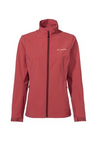 Giacca softshell rossa con colletto alto, zip frontale e dettaglio del logo. Presenta polsini elasticizzati e tasche laterali per praticità.