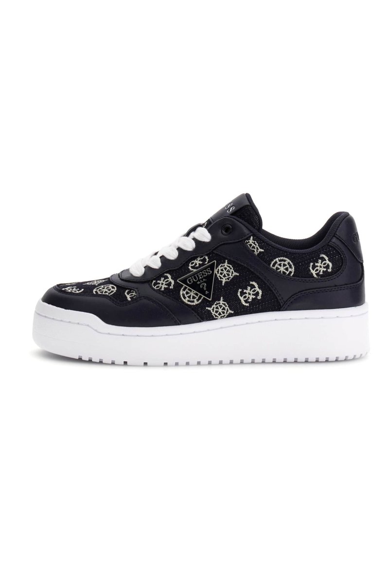 Sneakers with a navy leather upper, white rubber sole, embroidered logo patterns, and white laces. Features a padded collar for comfort.