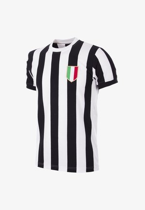 Zwart-wit gestreepte katoenen jersey t-shirt met een ronde hals en een klein Italiaans vlagpatch op de linkerkant van de borst. Korte mouwen.