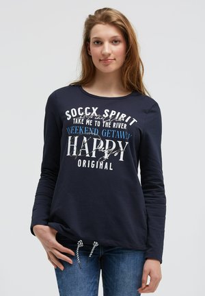 Marineblaumannschaft mit langen Ärmeln und weiß-blauem Drucktext, rundem Ausschnitt und Kordelzug am Saum. Baumwollmischung, lässige Passform.