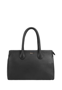 Zwarte leren handtas met twee ronde handvatten, gestructureerd oppervlak en een logo-accent in goudkleur op de voorkant. Rechthoekige vorm.