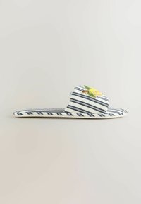 Dryžuoto audinio šlepetė su platinta dirželiu, puošta siuvinėta kukurūzų dekoracija, plokščia padu ir suapvalintais kraštais ant šviesaus fono.