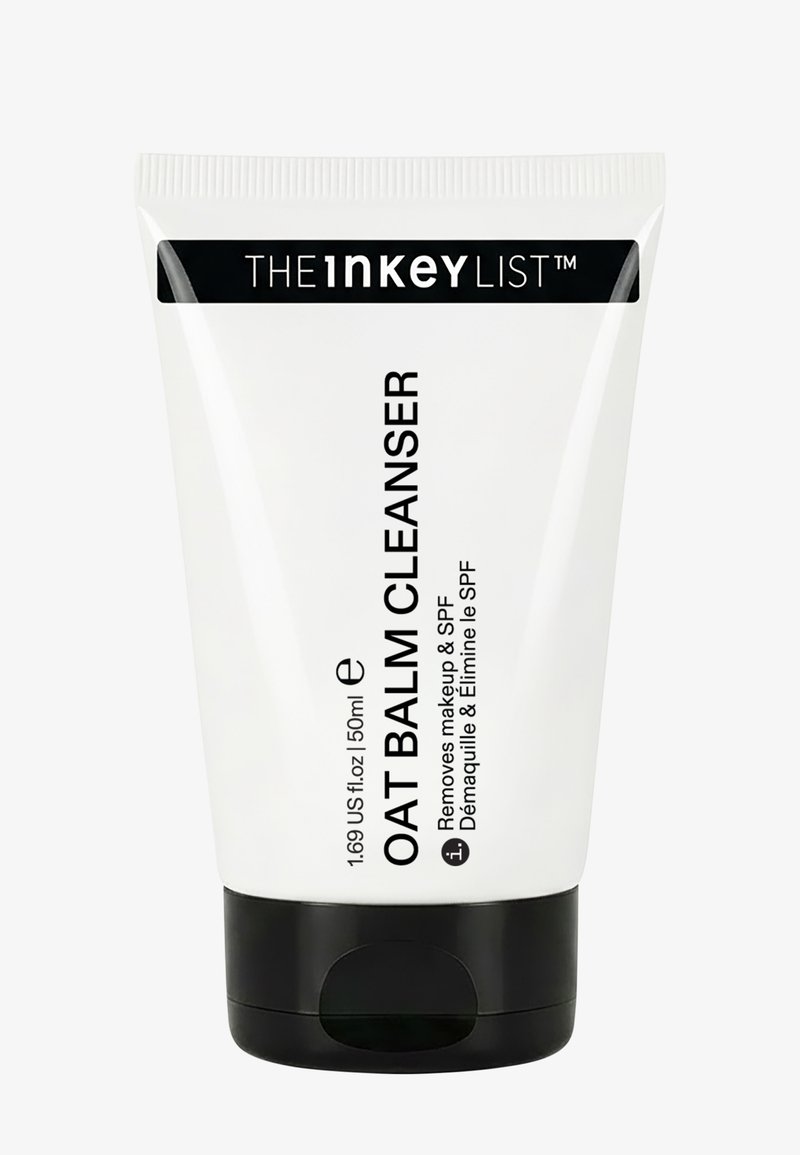 Die The Inkey List Oat Balm Cleanser Tube, 50 ml, zum Entfernen von Make-up und SPF, mit weißem Körper und schwarzem Deckel.