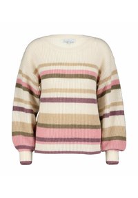 Elfenbensfarvet sweater med brede pastelfarvede striber i pink, grøn, beige og lilla. Har en ribbet struktur, brede ærmer og en rund halsudskæring.